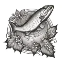 trout leaping and platypus swimming in pool surrounded by an oak leaf wreath black and white tattoo design idea