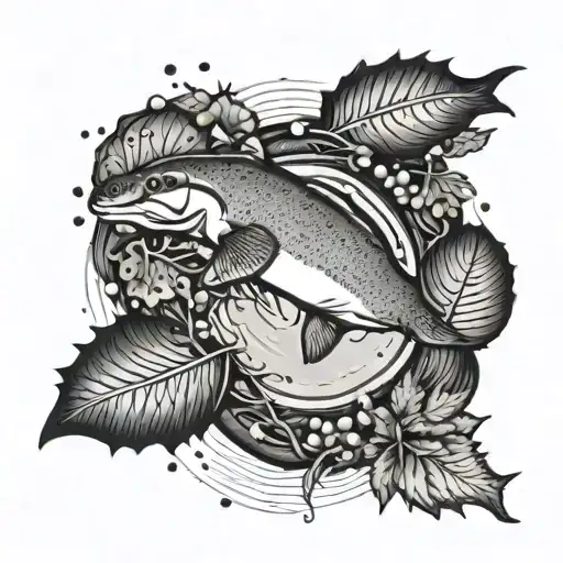 trout leaping and platypus swimming in pool surrounded by an oak leaf wreath black and white tattoo design idea