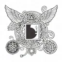 A tattoo design featuring iconic TV show symbols intertwined with elements of Kerala culture tattoo design idea