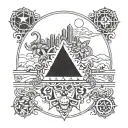 A tattoo design featuring iconic TV show symbols intertwined with elements of Kerala culture tattoo design idea