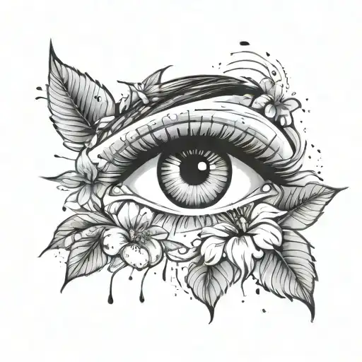 human eye intricate lashes, surrounded by hibiscus flowers and leaves, detailed ink splatter subtle abstract elements tattoo design idea