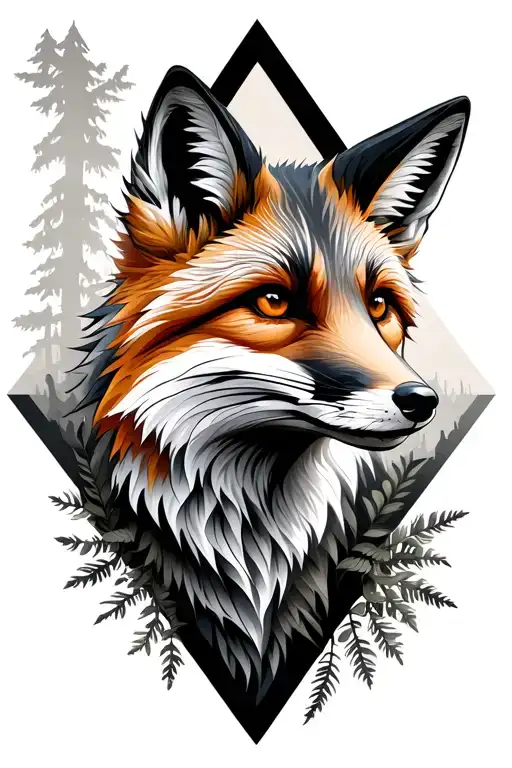 Fox with forest elements contained in elongated diamond, thick black borders. Half realistic blend into half geometric tattoo design idea