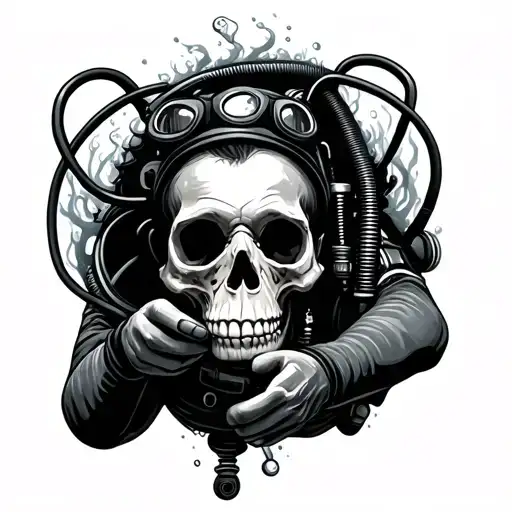 scuba diver holding skull underwater tattoo design idea