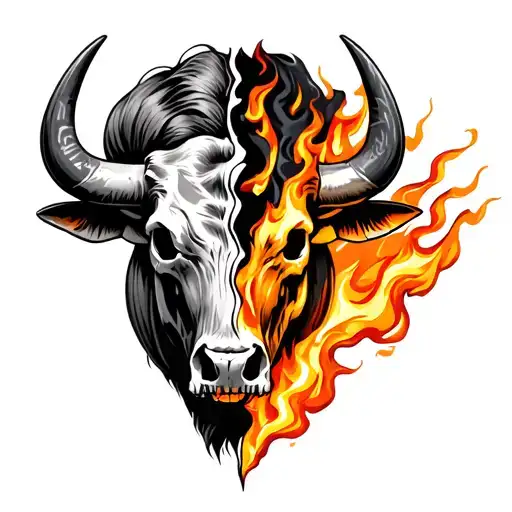 it's a bull head half the head is the skull and where it's split in half it's getting burned by fire and its a longhorn  tattoo design idea