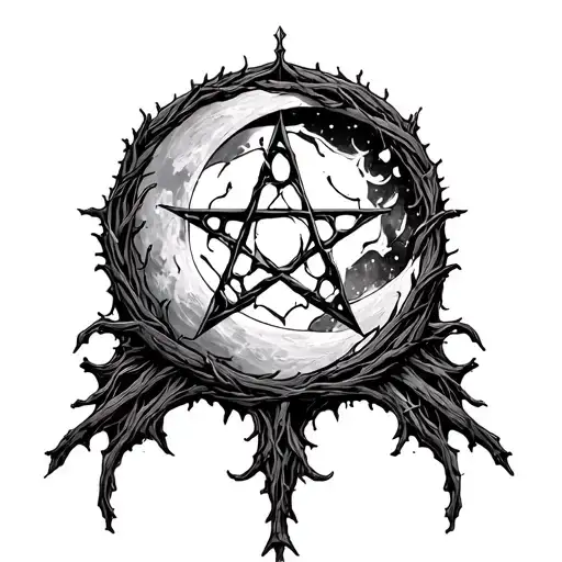 triple goddess symbol -the full moon in the middle, has a pentagram inside that looks like it's made out of twigs tattoo design idea