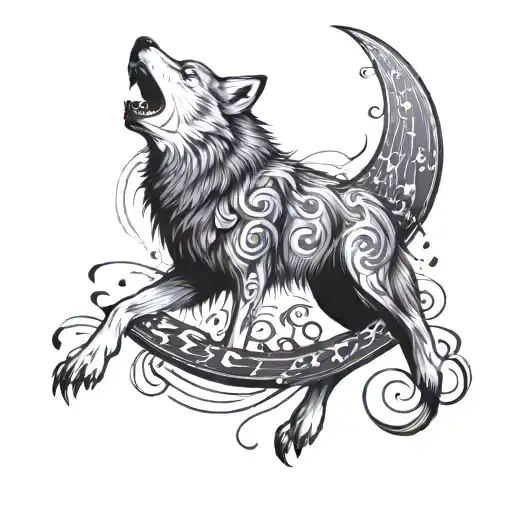 A dynamic tattoo featuring a wolf howling at a moon made of musical notes tattoo design idea