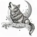 A dynamic tattoo featuring a wolf howling at a moon made of musical notes tattoo design idea