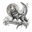 A dynamic tattoo featuring a wolf howling at a moon made of musical notes tattoo design idea