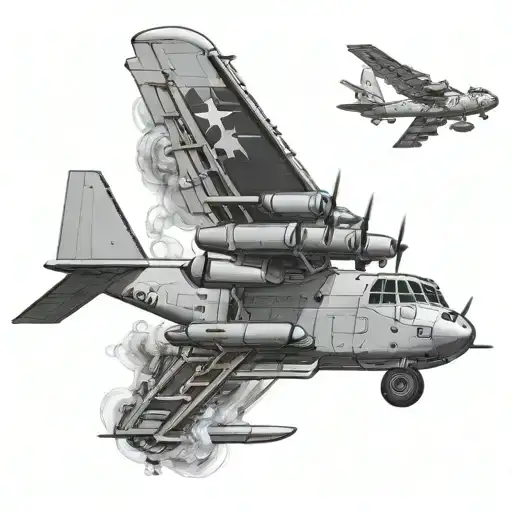 Create a military full sleeve tattoo with a C130, paratroopers, artillery fire and drones. tattoo design idea