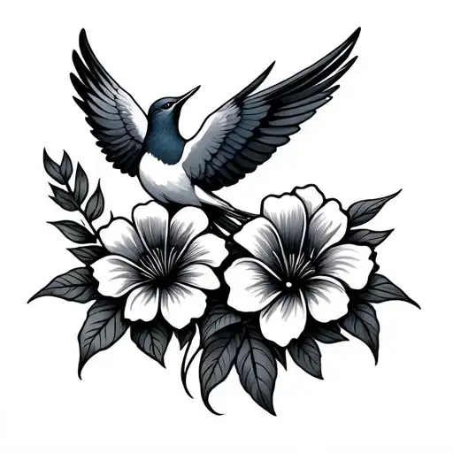 classic black and gray swallow tattoo with two flowers fight against depression avicii logo tattoo design idea