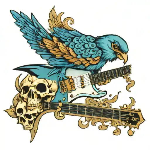 blue bird, skulls, piano keys electric guitar tattoo design idea