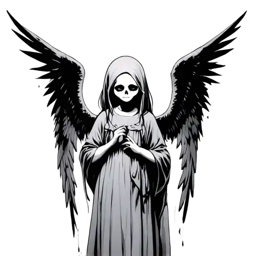 ghostly reaper silhouette behind an anime angel child tattoo design idea