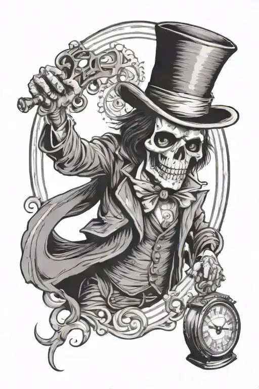 a grim reaper in a willy wonka suit holding a time piece in a top hat tattoo design idea