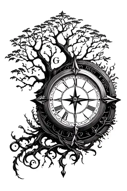 "Penelope" clock, tree of life, compass tattoo design idea