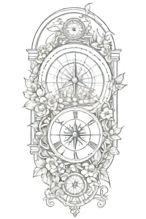 tattoo featuring roman landscape, compass, globe surrounded by flowers and vines tattoo design idea