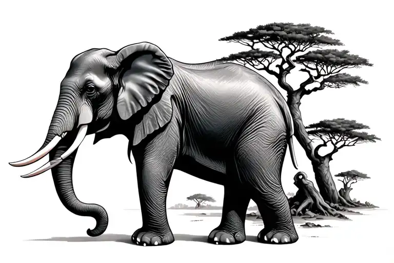Elephant surrounded by baobab trees tattoo design idea