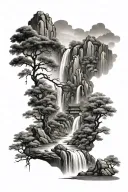 Chinese style landscape with waterfall and trees  tattoo design idea