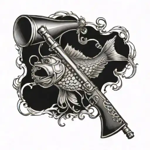 Leather Tooling design with a shotgun and a carpie fish   tattoo design idea
