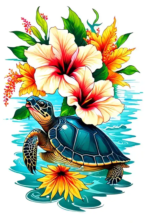 Hawaiian Hibiscus and turtle swimming tattoo design idea