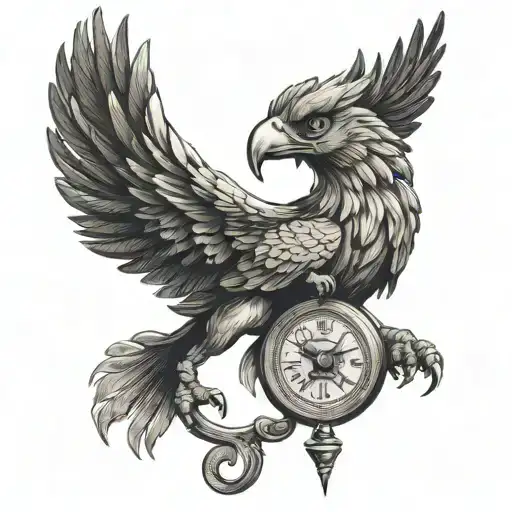 old watch held by a griffin perched tattoo design idea
