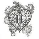 Incorporate an elegant and intricate letter 'E' initial design into a heart shape tattoo design idea