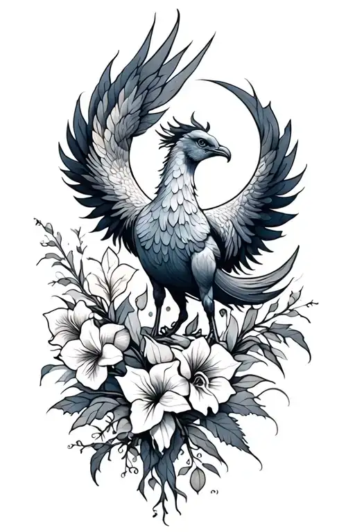 Phoenix with gladiolus and moon tattoo design idea