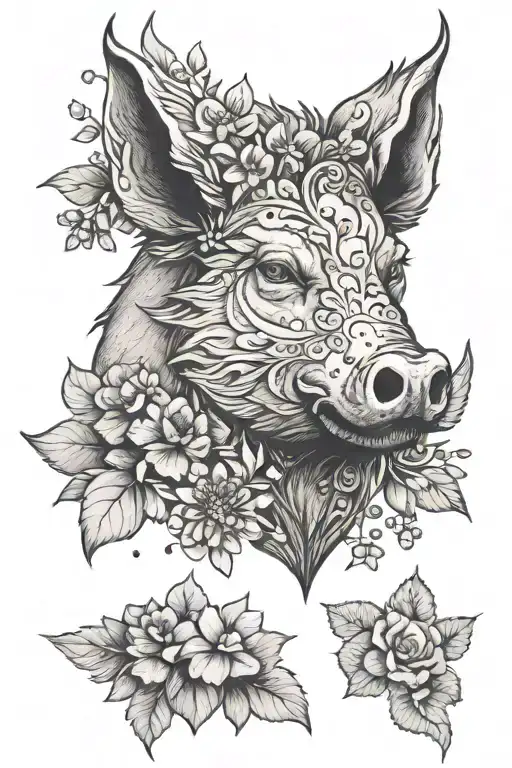 boar head with flowers and leaves growing tattoo design idea