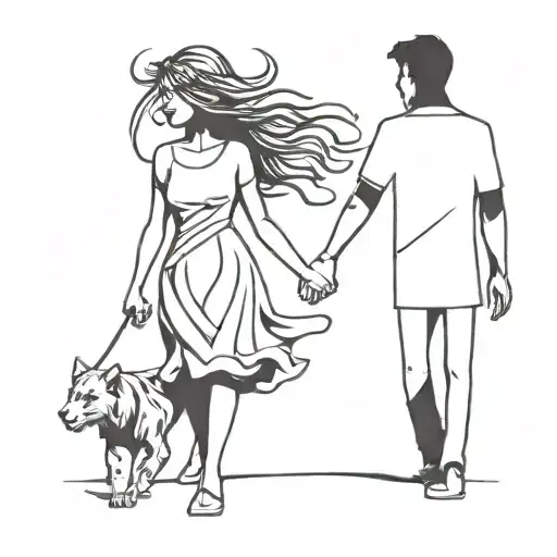 a drawing of a girl and a shadowy beast walking holding hands tattoo design idea