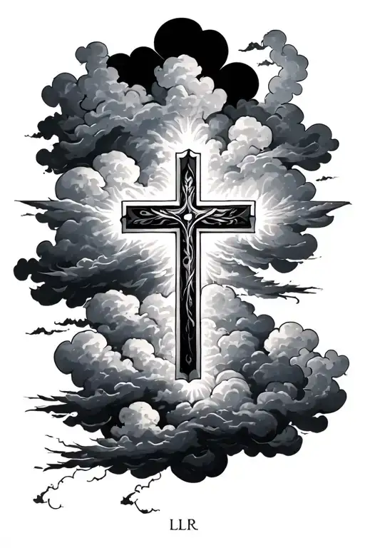 cross with clouds surrounding with LLR some where tattoo design idea