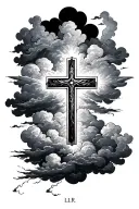 cross with clouds surrounding with LLR some where tattoo design idea