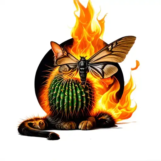 realism catus on fire with moth resting tattoo design idea