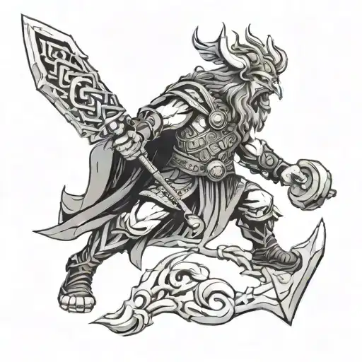 Perun, Slavic god of thunder, holding a hammer with fierce expression. Features an eagle, lightning, and dominance. tattoo design idea