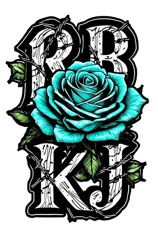 "RB ; KJ" "RB ; KJ" "RB ; KJ" teal rose wrapped in barbed wire tattoo design idea