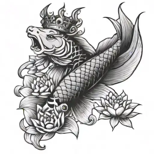 koi fish with princess crown and lotus flower  tattoo design idea
