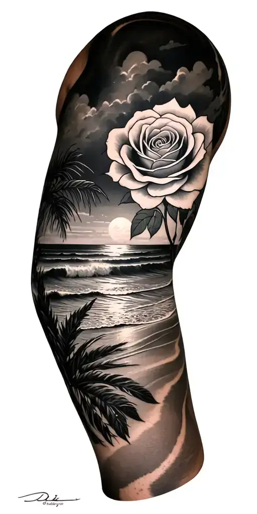beach theme sleeve featuring a rose tattoo design idea