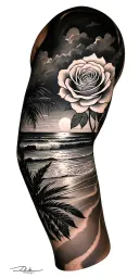 beach theme sleeve featuring a rose tattoo design idea