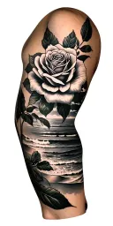 beach theme sleeve featuring a rose tattoo design idea