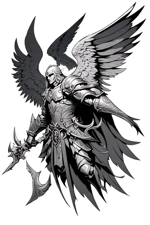 Winged Husar in a war Angel Design like in Magic The Gathering or Diablo tattoo design idea
