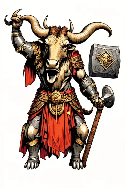 Taurus Minotaur in Dawarven battle Armour with warhammer. tattoo design idea