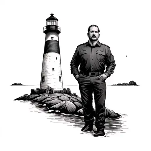 A manager standing proudly next to a beautiful lighthouse on the shores of Lake Erie tattoo design idea