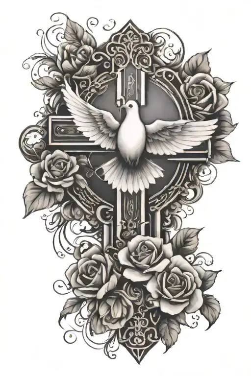A cross with a dove flying on top, shining beams around the cross, and on the bottom there is a flower for reap what you tattoo design idea