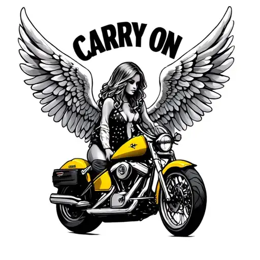 "carry on" yellow motorcycle turning into angel wing tattoo design idea