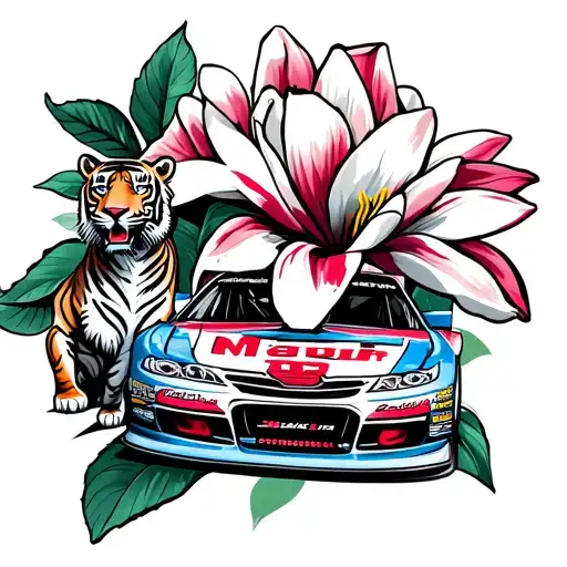 NASCAR race car with a tiger and a magnolia flower blooming  colors red, blue, and green tattoo design idea