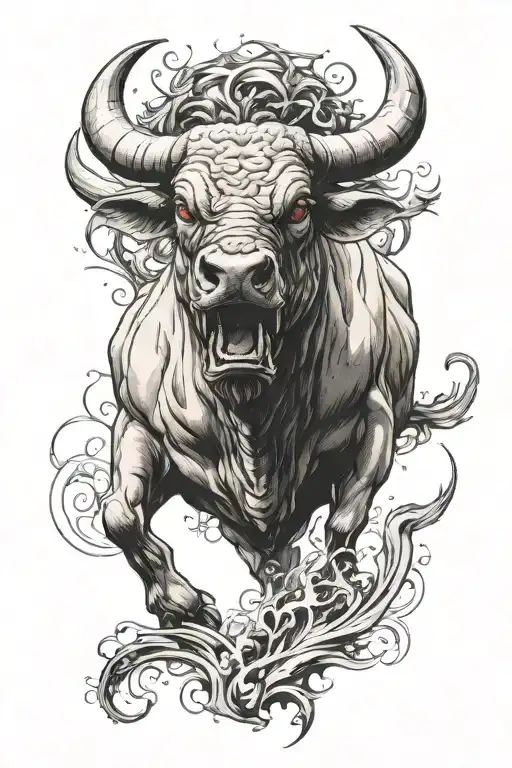killer beast bull with red eyes charging tattoo design idea