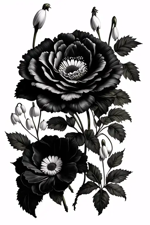 spine tattoo flowers that include carnation, snowdrop, daisy, lily of the valley, honeysuckle, rose, and morning glory tattoo design idea