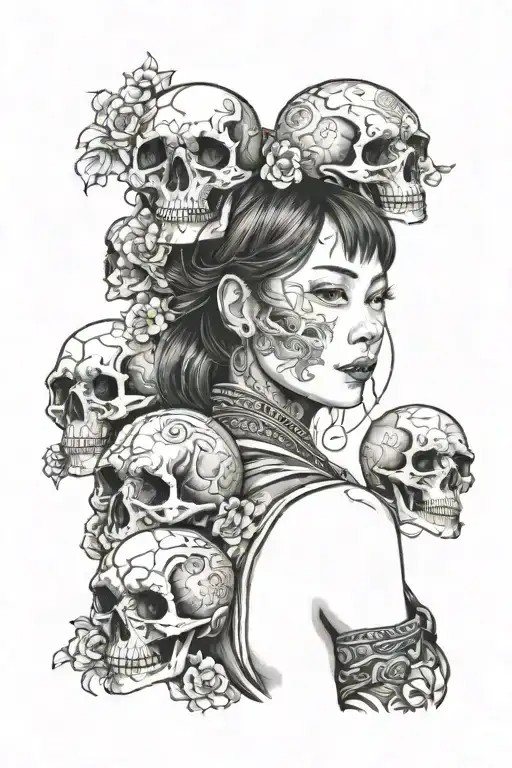 a beautiful Japanese girl with skulls, tight coloring. tattoo design idea