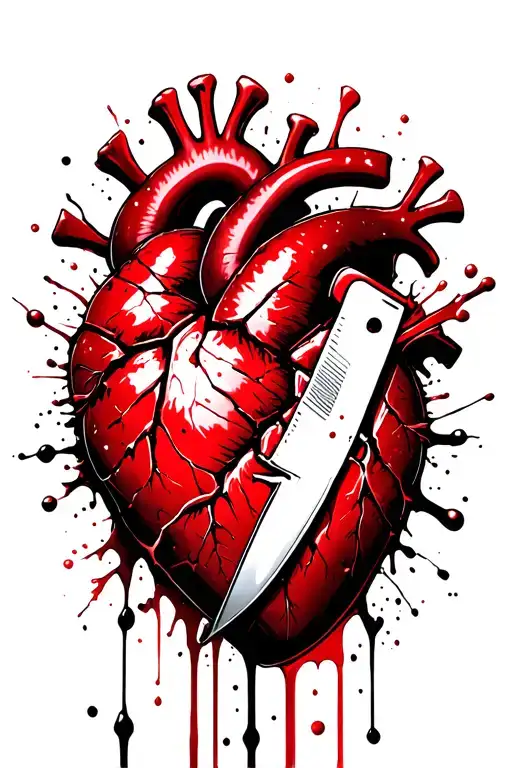 shattered broken heart stitched back together with a knife throw it red in the heart black around it tattoo design idea