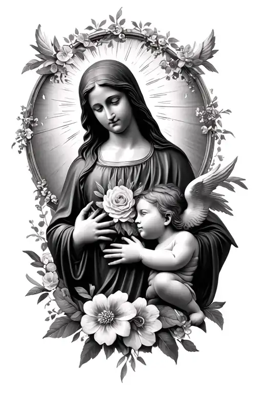 Virgin Mary with flowers and cherubs tattoo design idea