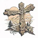Wooden cross on moutain range outline tattoo design idea