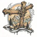 Wooden cross on moutain range outline tattoo design idea